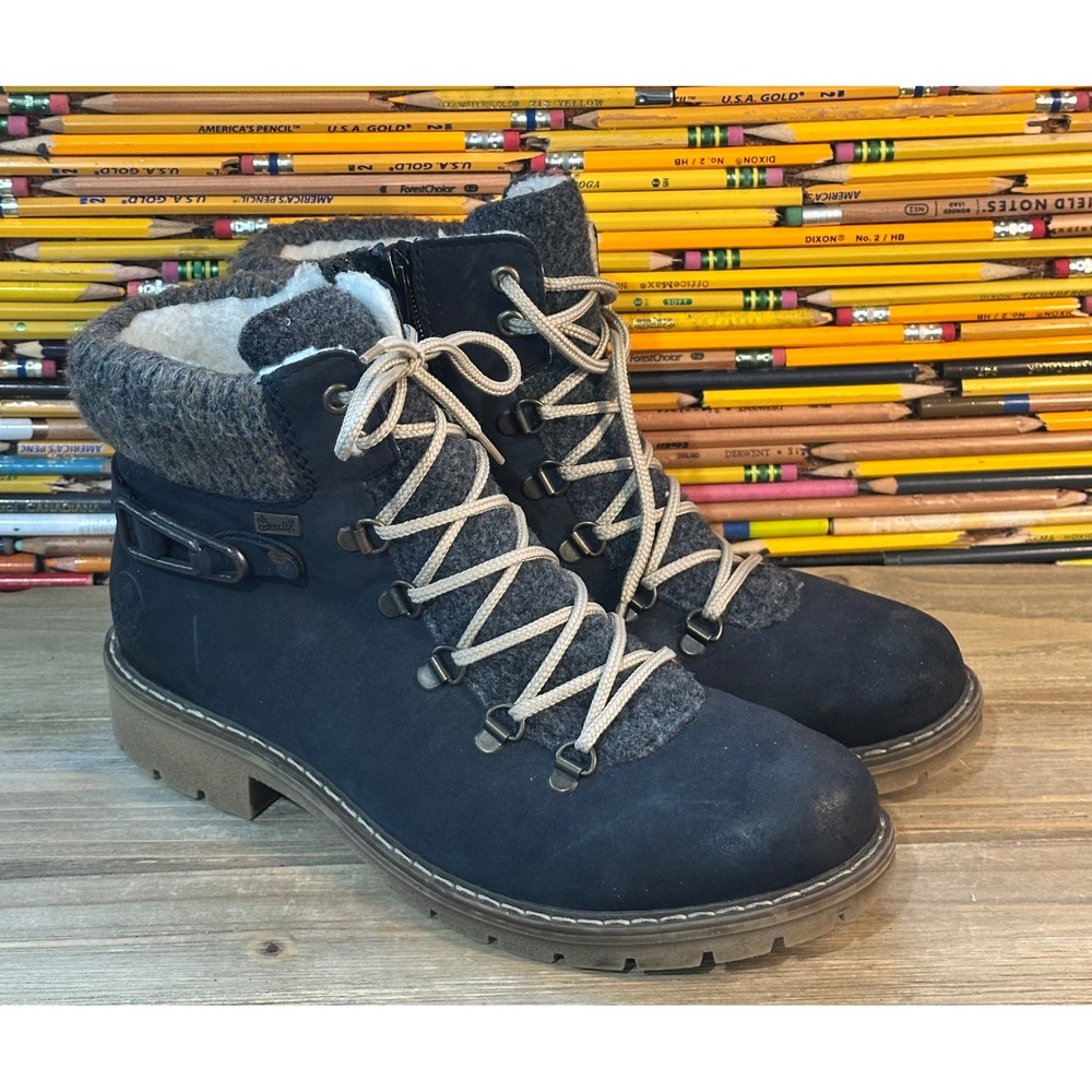Rieker Tex Ankle Boots Fleece Lined Outdoor Lug Soles Womens 9 / 40 Blue